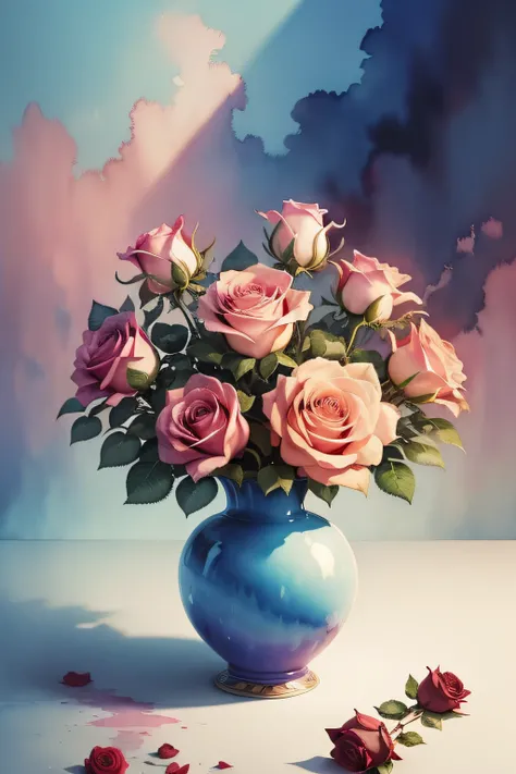 wtrcolor style, (roses in a vase) digital art, official art, blown by the wind, masterpiece, beautiful, ((watercolor)), , intricate detail. Great detail,