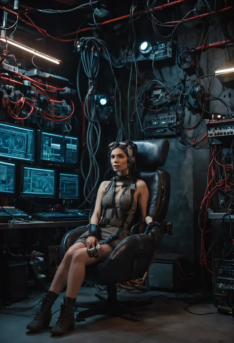 Foto realista, Kinematic, alta calidad, Vista frontal de una chica ciberpunk, sitting in an armchair connected with cables and tubes, Cyberpunk room with cables and pipes, pantalla y luces, ambiente oscuro, estilo matrix, estilo blade runner, computadoras ...