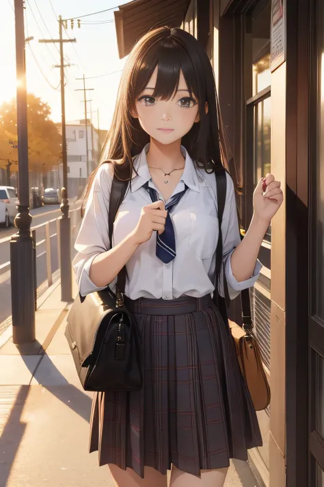 (great masterpiece、high-level image quality、hightquality),female high-school student、On the way home、Sunset、satchel、student clothes、17 age、autumnal、