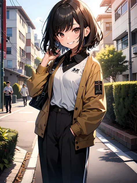 1 teenager who is smiling with her teeth open, with beautiful brown eyes, black hair with two sided haircut, he is standing straight with good composure, he is wearing highschool uniform, his in the neighborhood, high resolution, ultrasharp, 8k, masterpiec...