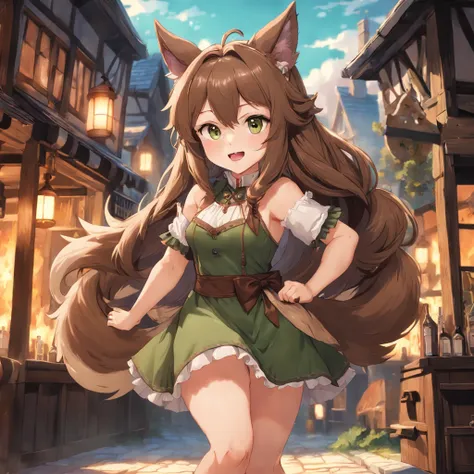 High quality, HD, Masterpiece, High Detail, Tavern girl, wolf girl, brown wolf ears, brunette fluffy long hair, tavern girl dress, curvy, tall, curvy, detailed green and brown tavern girl dress, large fluffy brown wolf tail close-up, bright, happy, warm so...