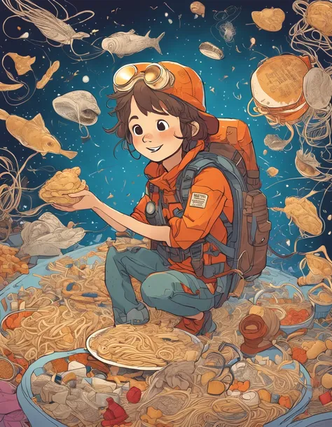 A teenager dressed in an explorers costume flies through the sky，Surrounded by noodles and various ingredients，These long faces are like floating milky ways，Various ingredients surround it。The teenager holds the map，An illustration that is about to solve v...