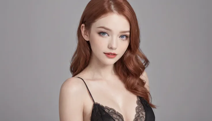 ((masutepiece)),((Best Quality)),Making a realistic image of a redhead woman with blue eyes in black lingerie, Quite, At the age of 20, low water, red lipsticks, eyes with eyeliner, Beautiful body, The upper part of the body,爆乳,cleavage,lightsmile,up looki...