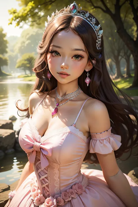 Beautiful Women with Perfect Figure, dress,  Earrings, Pink dress, Nature, and the sun was shining brightly， Bare shoulders, Long dress, Pink bow,necklace,Lace sleeves, setin dress,Close-up of posing for a photo,Beautiful teenage girl, uma linda princesa, ...