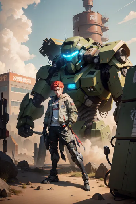 red head teen in real short sleeves stands next to a giant robot, Boy in mech cyber armor, Cyberpunk anime mech, Male mech, cgsociety and fenghua zhong, anime mecha aesthetic, mechanization, Handsome white boy cyborg, cyberpunk, green military camo, dynami...