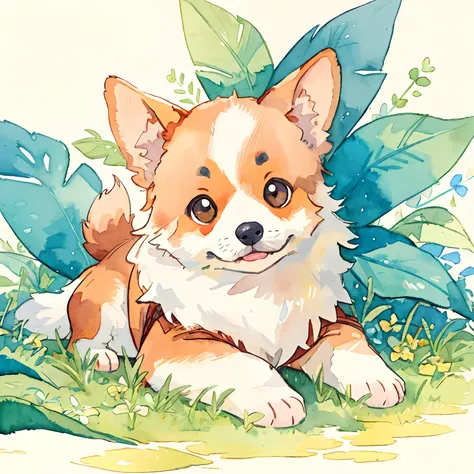 corgi:1.5、cute little、big eye、fluffy fur、simple background、watercolor paiting、springtime