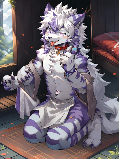 One guy，独奏，Full body like，shaggy male，hairy bodies，Correct human anatomy，Detailed double eyes，glowing light eyes，long  white hair，Dragon and wolf combined，Wearing a naked，shoun（Lean body type），male people，There are small horns on the head，Gray fur，Purple s...