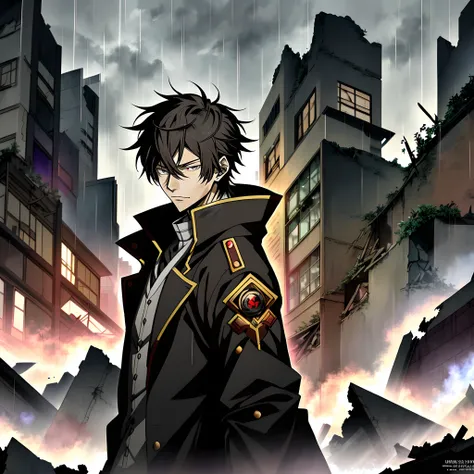 An anime man in a black coat stands in the ruins in the rain, Black colored eyes，inspirado em Okumura Masanobu, nobutaka ike,  Anime handsome man, Anime portrait of a handsome man, anime concept hdr anime macmanus, Key anime art, male anime character,