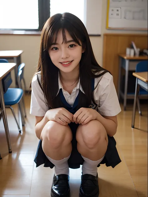 1girl in,8K, Raw photography, top-quality, ​masterpiece, realisitic, Photorealsitic, A smile, Schoolgirl Uniform, cute little，High School Classroom, The upper part of the body,Squatting