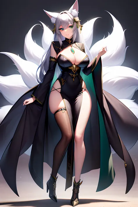 Eine Frau, Fuchsohren, Fuchsschwanz, Silbernes Haar, green eyes, mid large breasts, wide hips, full entire body, Haarschmuck, Mama, reife dame, Gut gekleidet, Meisterwerk,