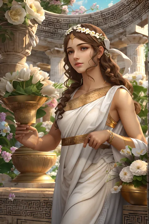 greek girl goddess of youth, with light brown hair, looks beautiful bright and innocent, wears white greek toga, kylix, oinochoe, flower garden of Olympia, Greek Mythology, happy and fun atmosphere, description of ultrra-accurate hands, photorealistic, sup...