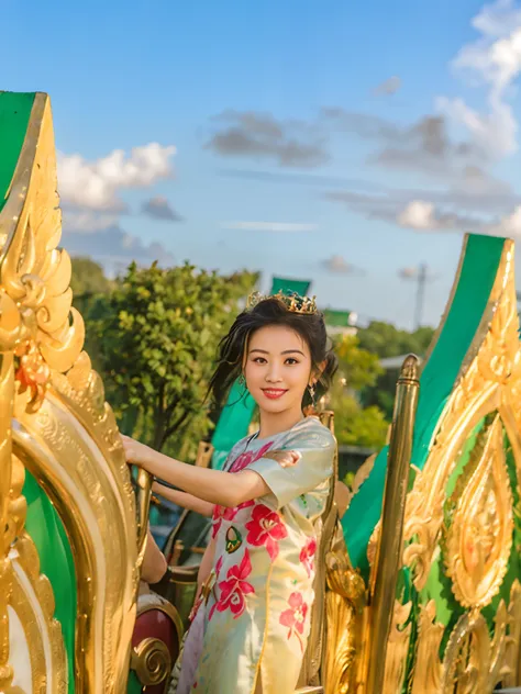 there is a young girl standing in front of a gold and green float, temples behind her, photo taken with canon 5d, anime thai gir...