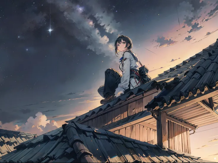 1 girl outdoors， late， starrysky， in a panoramic view， scenecy， horizon， the roof， sitting on rooftop， ventania