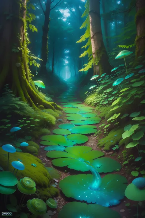 forest path, exobiotech, Frontlight, bio, Beautiful, moss, green and blue liquid, Iridescent, Yarn, Expressionism, 3D art, Oil painting, fungi, Colorful, Manga sketch, 35-170mm, 128-bit.