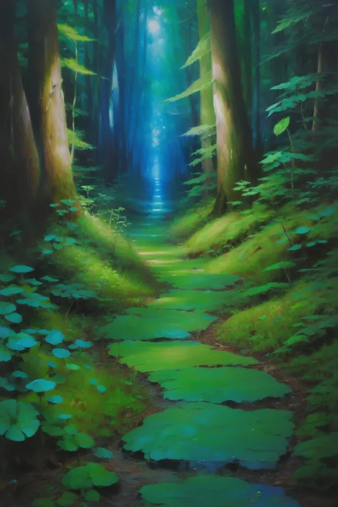 forest path, exobiotech, Frontlight, bio, Beautiful, moss, green and blue liquid, Iridescent, Yarn, Expressionism, 3D art, Oil painting, fungi, Colorful, Manga sketch, 35-270mm, 128-bit.