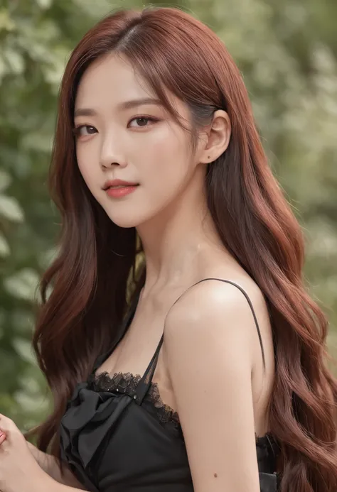 at 8K resolution、Draw a close-up of a woman in a beautiful black dress。Her long hair swayed in the wind、A seductive smile complements its charm。This work is、TWICE no Tsuyu、park jimin、jimin、lee ji-eun、Choi Hong Hwa、jisoo from blackpink、Jossi、Hwang Seon、Kore...