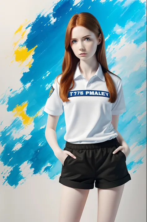 ((tmasterpiece)), hiquality, Ultra-detailed, (17-year-old Karen Gillan ), Amy Pond, white police shirt and black shorts, Confusion of a person, (in the style of Guy Harvey, Cy Twombly), 8K, the best illustration, graceful, Proper anatomy of the body, hight...