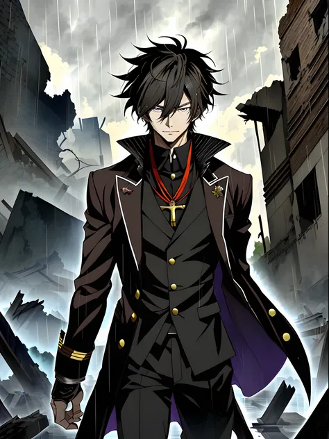 An anime man in a black coat stands in the ruins in the rain, Black colored eyes，inspirado em Okumura Masanobu, nobutaka ike,  Anime handsome man, Anime portrait of a handsome man, anime concept hdr anime macmanus, Key anime art, male anime character,