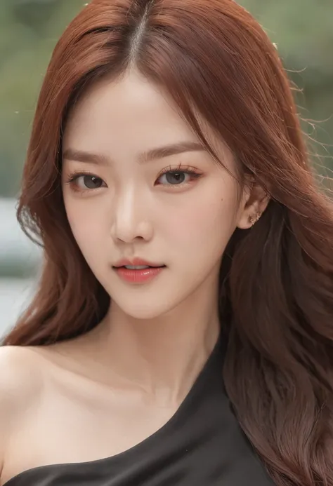 at 8K resolution、Close-up of a woman in a beautiful black dress。The bust is large and the cleavage is exposed。Her long hair swayed in the wind、A seductive smile complements its charm。This work is、TWICE no Tsuyu、park jimin、jimin、lee ji-eun、Choi Hong Hwa、jis...