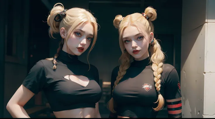 Harley Quinn with makeup and a double ponytail that falls over her breasts and her makeup-free blonde friend with a hairstyle of double buns and double braids that fall over her breasts, wearing a black tactical-style cotton shirt and pants, corpo inteiro,...