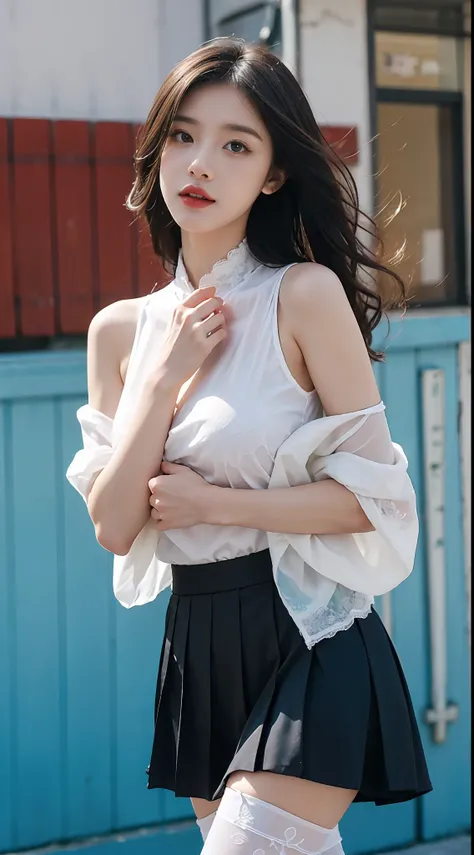 A perfect young female white-collar worker，Chinese big breasts，High picture quality，Works of masters，Black hair，Long hair shawl，Long hair flowing over the shoulders，Beach wave hairstyle，cropped shoulders，鎖骨，exquisite face，Hydrated red lips，（（Wear colorful ...