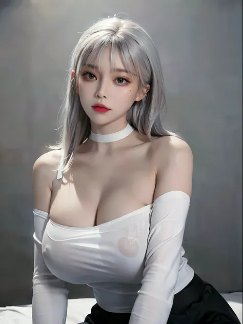 best quality, ultra high res, (photorealistic:1.4), 1girl, off-shoulder white shirt, black tight skirt, black choker, (faded ash white hair:1), (gigantic breasts, large breasts, huge breasts:1.2), looking at viewer, full body shot,