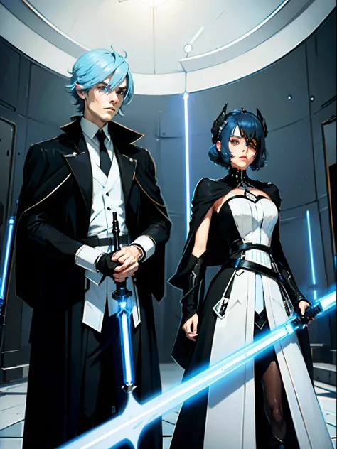 black-clad,Sky blue hair, Blue lightsaber, 黑The eye, short detailed hair, shoun,Robe，off-world，white pantie，Two-dimensional style，male people