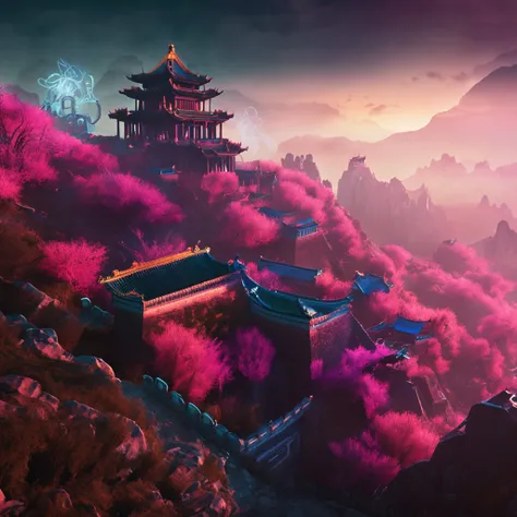 On the Great Wall，Towering mechs，Shine with cyberpunk light，Fairy-like，Immerse yourself in the mysterious atmosphere of Chinese style。