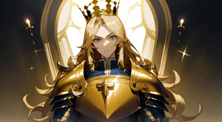 tmasterpiece，best qualtiy，1 male，AS-Adult，Handsome，tall muscular man，broad shoulder，Delicate eyes and delicate face，extremely detailed CG unified 8k wallpaper，intricate-detail，long golden hair，Knight with a crown，s Armor，Big sword，holy，cathedral, religion,...