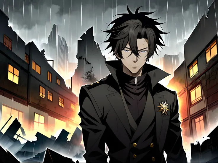 An anime man in a black coat stands in the ruins in the rain, Black colored eyes，inspirado em Okumura Masanobu, nobutaka ike,  Anime handsome man, Anime portrait of a handsome man, anime concept hdr anime macmanus, Key anime art, male anime character,