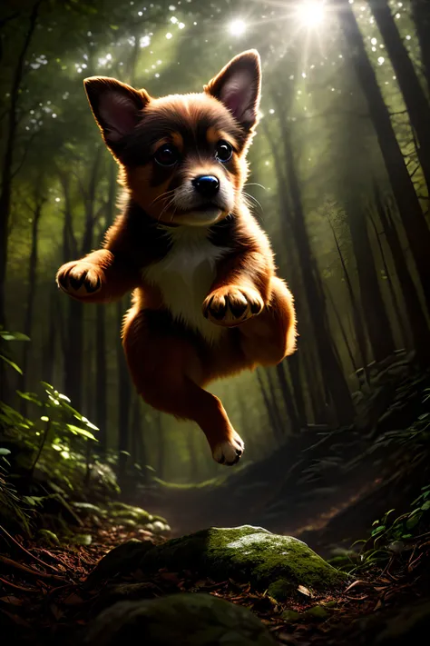 close up photo of a very cute jumping puppy in the forest, look at a camera, soft volumetric lights, (backlit:1.3), (cinematic:1.2), intricate details, (ArtStation:1.3), Rutkowski