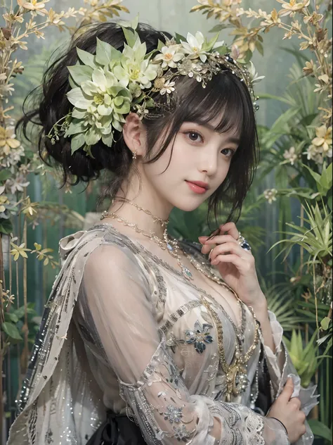 best qualtiy, ultra - detailed,beautifuldetails，(1beautiful woman)，Hair ornament on the head，depth of fields,（alluring face）,（((Black Shorthair))），A sly smile, 电影灯光, Luxurious room， depth of fields,poster for