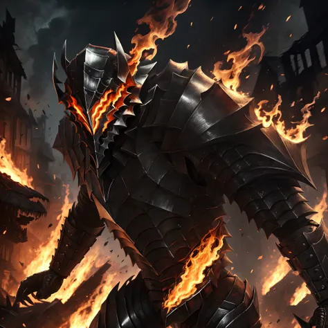 1humanoid monster, wearing jet black armour, wearing a helmet with jagged metal teeth designs, walking through a burning village...