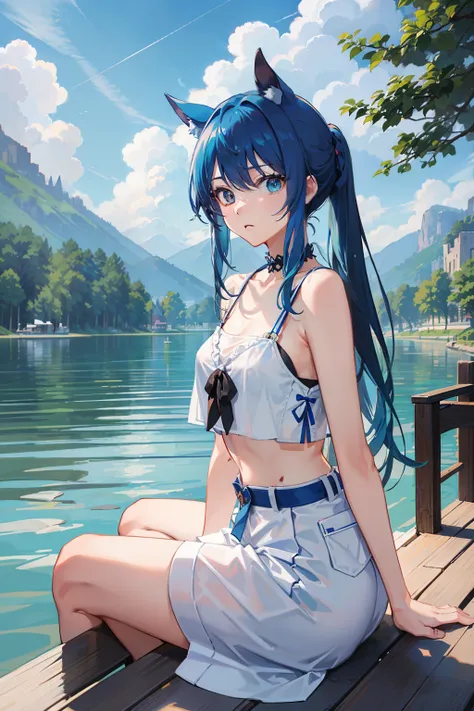 tmasterpiece，独奏，high qulity，a pregirl，blue hairs，dual horsetail，smallunderboob，Holiday casual wear，Loose clothing，Lakeside Park，In the lake，Single boat，Boating is underway，with blue sky and white clouds，The sun is big