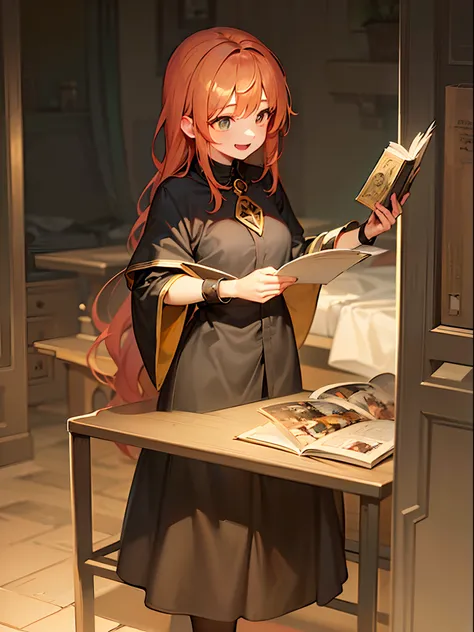 A adorable young witch, dressed in a witch robe, sporting short vibrant orange hair, engrossed in a book with a delighted expression, (masterpiece:1.3), (vibrant:1.2), (more details:1.1), (golden ratio:1.3)