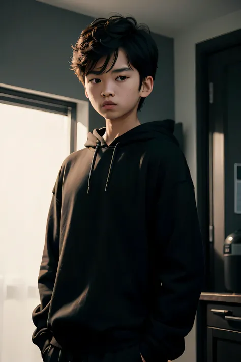 The Alafeld man in a black hoodie stands in the kitchen, young wan angel, Shin Jinying, Soft portrait shot 8 K, portrait shooting, wearing a hoody, mid shot portrait, in a black hoodie, portrait shot 8 k, portrait a 1 5 - year - old boy, anime big breast. ...