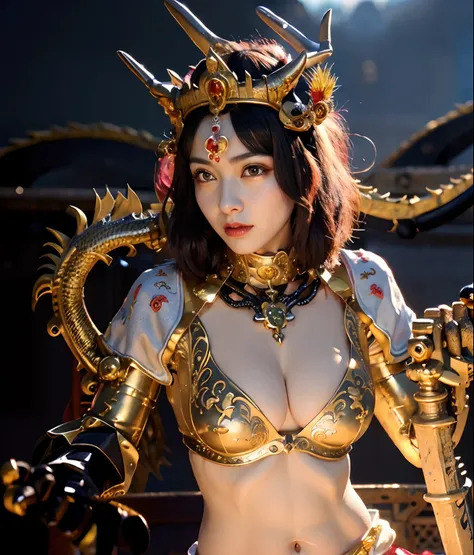 Professional , ​masterpiece、top-quality、photos realistic , depth of fields （Gemstone Black Metal Body:1.９),(Enamel Black、（cleavage of the breast）、（Chinese Dragon）、Dragon Gold Weapon（Dragon Metal Body:1.４),Gorgeous gold weapons ,（（ Dragons dense and gorgeou...