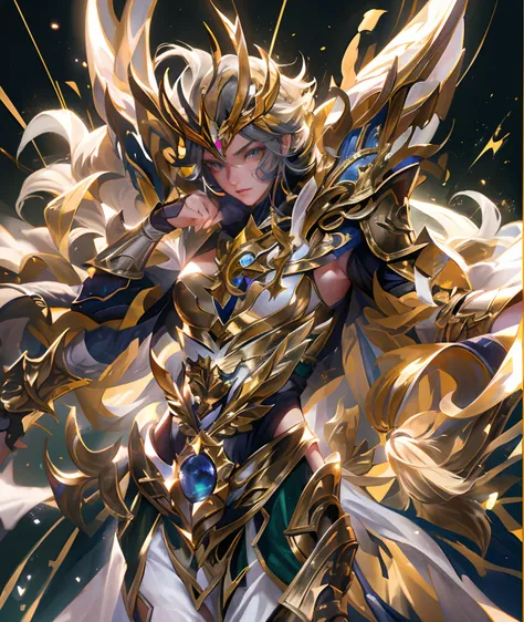 super high saturation，（tmasterpiece）， fully body photo，（best qualtiy）， （1girll）， starryskybackground，Wearing shiny gold armor， Sexy lingerie type armor，Expose your breasts，Exposing the waistline，Exposing thighs，Cool Pose， Saint Seiyas Armor， dishevled hair...