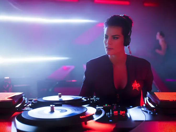 sdn, a low view of {Jadzia Dax}, {Trill}, {female}, intense expression, sitting in ship chair, with blurry (red alert) background, red glowing fog, emergency, a DJ, showcasing her skills on the turntables at a vibrant rave. {Terry Farrell}