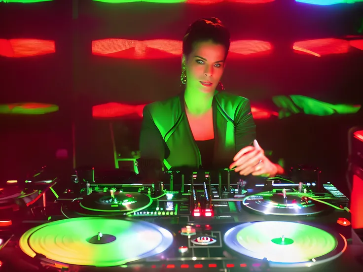 sdn, a low view of {Jadzia Dax}, {Trill symbiont,, {female}, intense expression, sitting in ship chair, with blurry (red alert) background, red glowing fog, emergency, a DJ, showcasing her skills on the turntables at a vibrant rave. {Terry Farrell}