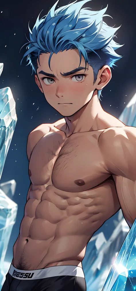 (masterpiece, best quality),Male children,nakeness,Short bright blue hair,A young boy with,younge boy,Kids face,adolable,infancy,Young age,Short round face,Flat chin,childrens,infancy,(Kids face),Land of Crystals,ice field,Pink belly hair,Pink chest hair,P...