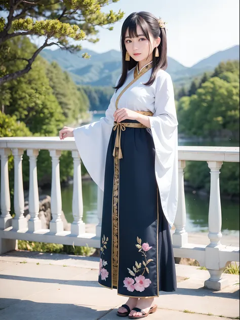 Chinese women in period costumes pose for a group photo, Long-sleeved Han costume, Varied, ，Insert hairpins into coiled hair, The clothes are fluttering，Side full body fairy, , Standing on a small bridge,Mountains in the background His melancholy eyes look...