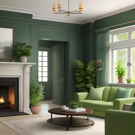 European-style living room, interior decoration details,Green walls, many green plants decoration design drawing --v 6