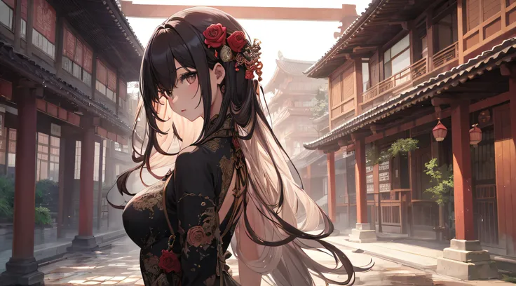 masterpiece, best quality, highres, 1girl, long hair, medium breasts, china dress, from side, looking back, upper body, partially immersed, rose, east asian architecture,