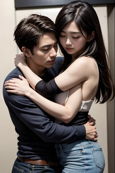 Man and woman hugging each other、The man is facing the front、​masterpiece