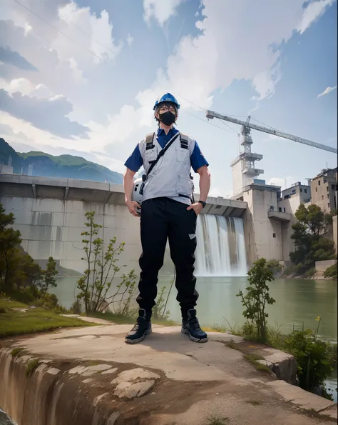 male engineer standing in front of dam, dark gray long clothes, white helmet, standing on rock, behind is lake, mountains, blue sky, high resolution, anime style, a engineer with a construction site helmet on his head, sky sunset