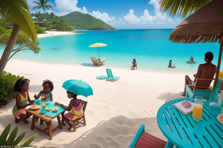 Year: 2021
Country: Grenada
Description: In the picturesque town of Gouyave, a family enjoys a day at the beach. Children build sandcastles adorned with intricate seashell patterns, while parents relax under retro-style umbrellas, sipping on coconut water ...