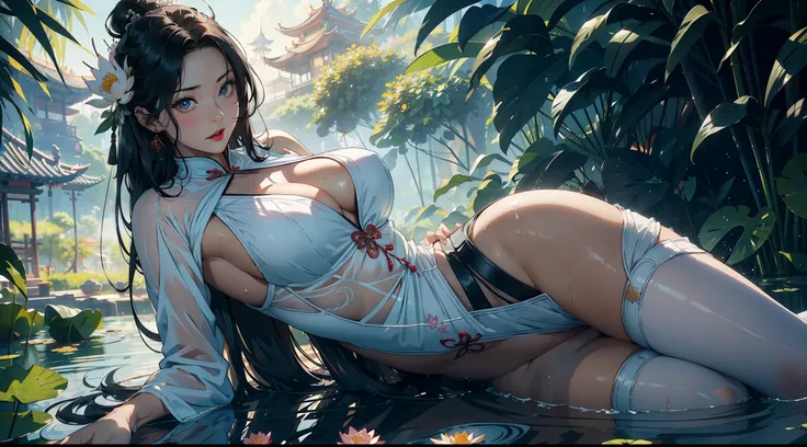 1female，36 years old，熟妇，mature，Bigchest，Big breasts Thin waist，long leges，Raised sexy，Pornographic exposure， 独奏，（Background with：Surrounded by lotus flowers，bamboo forrest，Lotus pond） She has short black hair，Sweat profusely，drenched all over the body，seen...