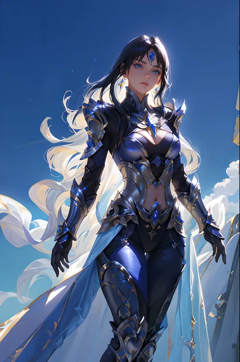 Ultra-high saturation，（tmasterpiece）， fully body photo，（best qualtiy）， （1girll）， starryskybackground，Wearing shiny gold armor， Sexy lingerie type armor，Expose your chest，Expose the waistline，Exposing thighs，cool-pose， Saint Seiya Armor， messy  hair，high de...