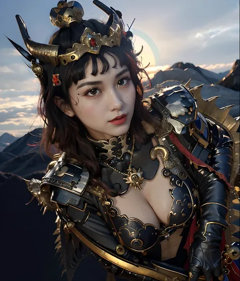 Professional , ​masterpiece、top-quality、photos realistic , depth of fields （Gemstone Black Metal Body:1.９),(Enamel Black、（cleavage of the breast）、（Chinese Dragon）、Dragon Gold Weapon（Dragon Metal Body:1.４),Gorgeous gold weapons ,（（ Dragons dense and gorgeou...